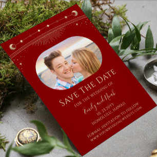Mystical Dark Red Gold Sun Moon Stars Celestial Save The Date