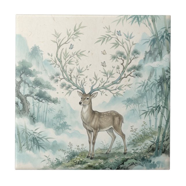 Mystical Deer Forest Watercolor Art Tile (Front)