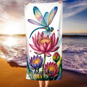 Mystical Dragonfly & Lotus Floral  Summer Vibes Beach Towel