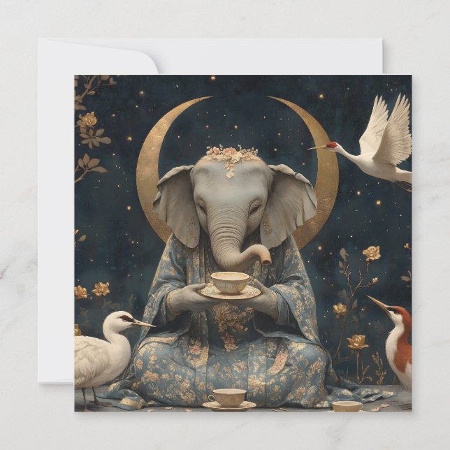 Mystical Elephant Tea Party Under Crescent Moon Holiday Card (Front)