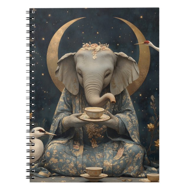 Mystical Elephant Tea Party Under Crescent Moon Notebook (Front)