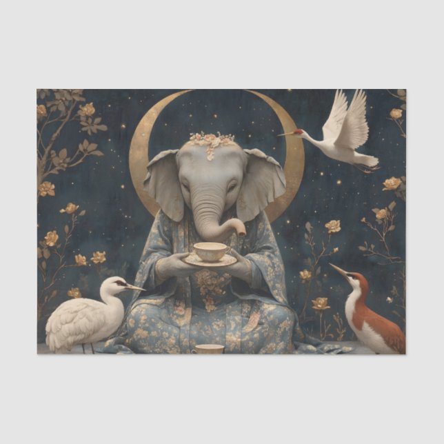 Mystical Elephant Tea Party Under Crescent Moon Tissue Paper (Front)