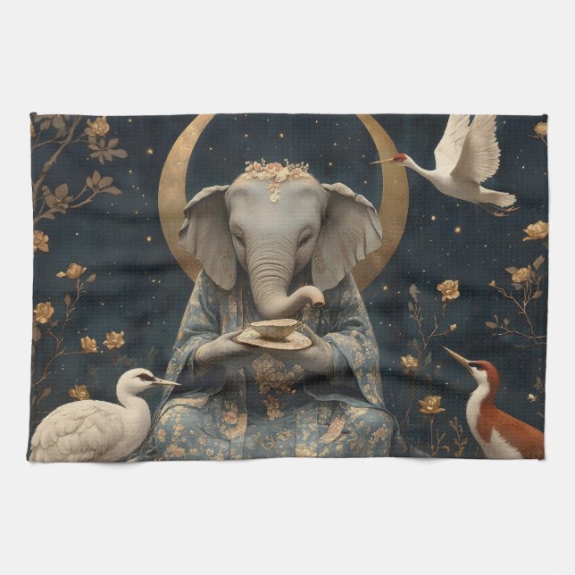 Mystical Elephant Tea Party Under Crescent Moon Towel (Horizontal)