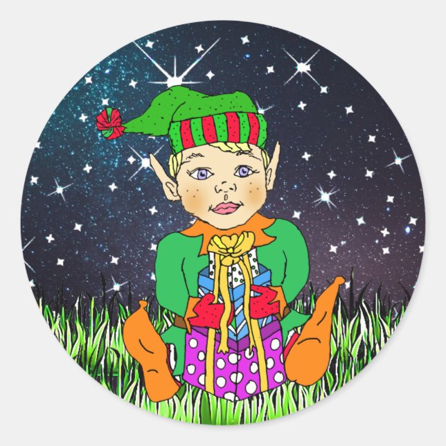 Mystical Elf on a Starry Night Classic Round Sticker (Front)