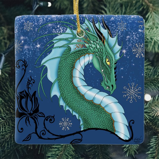 Mystical Emerald Ice Dragon Snowflakes Fantasy Ceramic Ornament (Creator Uploaded)