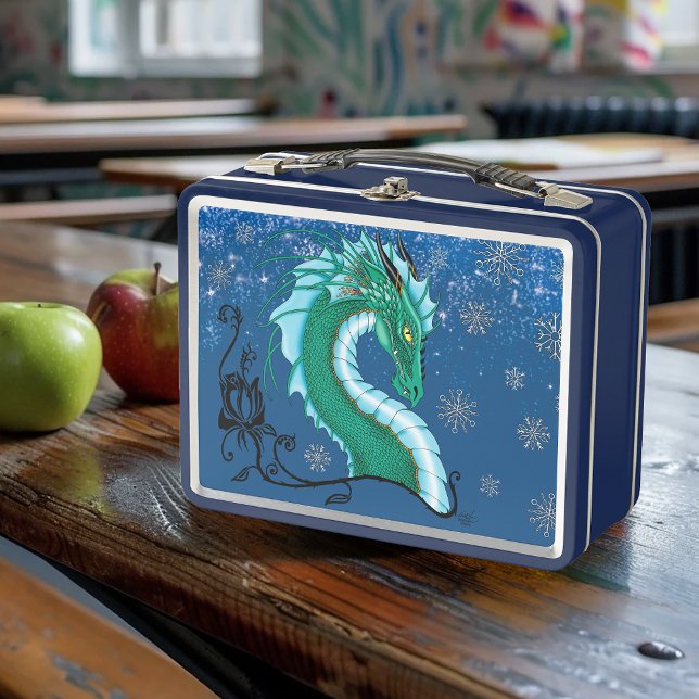 Mystical Emerald Ice Dragon Snowflakes Fantasy Metal Lunch Box (Creator Uploaded)