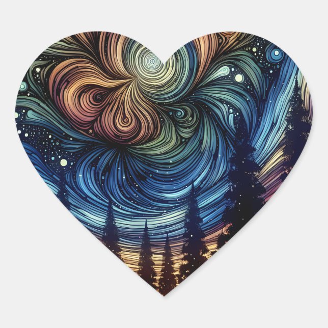 Mystical Ethereal Art with Trees and Night Sky  Heart Sticker (Front)