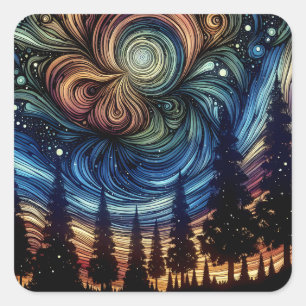 Mystical Ethereal Art with Trees and Night Sky  Square Sticker