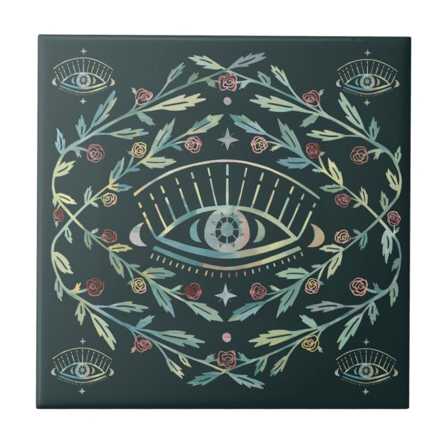 Mystical Eye Roses Vines Magical Boho Colourful   Tile (Front)