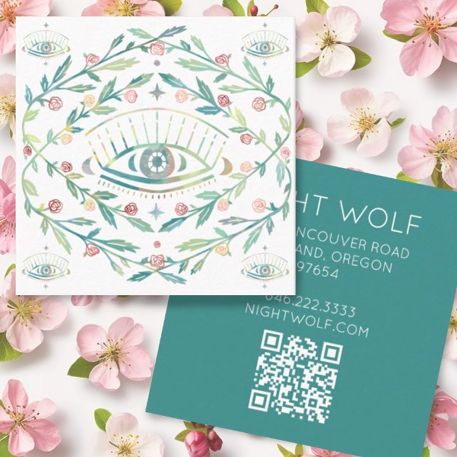 Mystical Eye Roses Vines Magical Boho QR Code Square Business Card (Custom boho business cards with mystical eye and roses plus QR code)