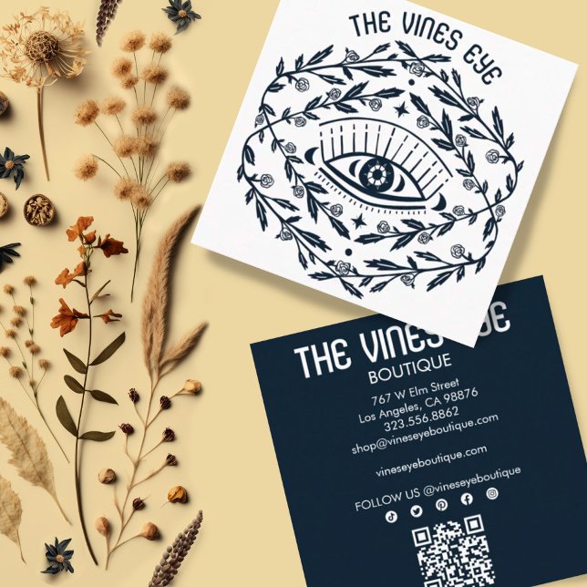 Mystical Eye Roses Vines Magical Boho QR Social  Square Business Card (Unique boho design business cards with social media icons and QR code)
