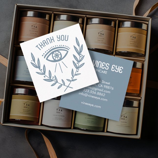 Mystical Eye & Vines Elegant Boho Order Thank You Square Business Card (Mystical eye design on light blue, customer appreciation thank you card)