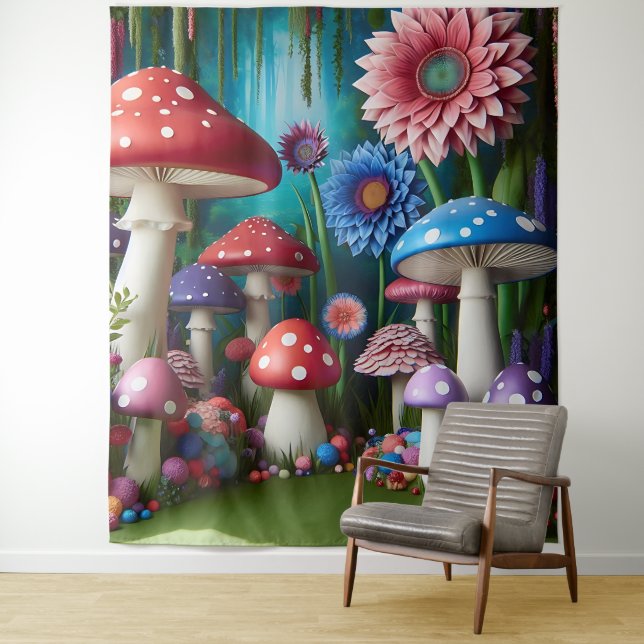 Mystical Fairy Tale Mushroom Forest Hanging Tapestry (In Situ)
