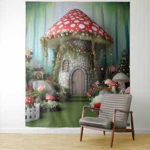 Mystical Fairy Tale Mushroom House Hanging Tapestry