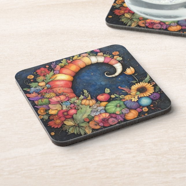 Mystical Fall Crescent Moon Cornucopia Coaster (Left Side)