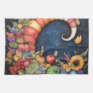 Mystical Fall Crescent Moon Cornucopia Tea Towel