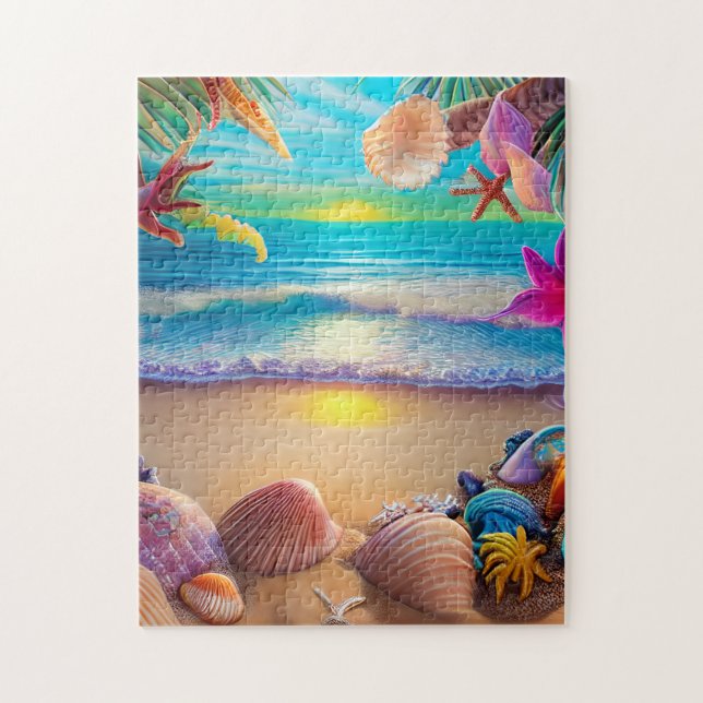 Mystical fantasy beach sunset with tropical flower jigsaw puzzle (Vertical)