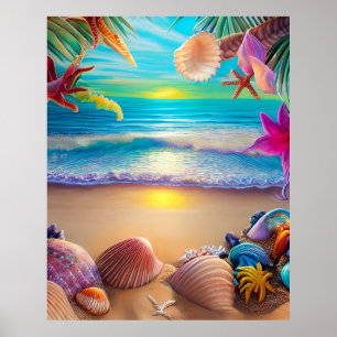 Mystical fantasy beach sunset with tropical flower poster