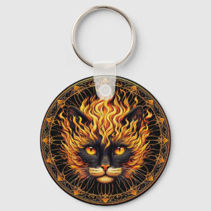 Mystical Fire Cat Mandala Design Key Ring