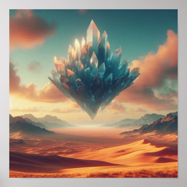 Mystical Floating Crystal Above Sunlit Desert Poster (Front)