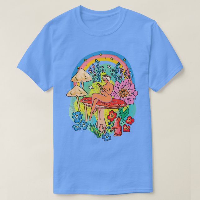 Mystical Floral Mushrooms Girl With Cat Rainbow Co T-Shirt (Design Front)