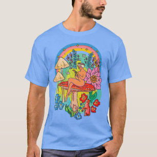 Mystical Floral Mushrooms Girl With Cat Rainbow Co T-Shirt