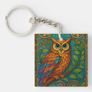Mystical Folk Art Owl Illustration – Boho Vintage Key Ring