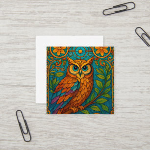 Mystical Folk Art Owl Illustration – Boho Vintage Square Business Card