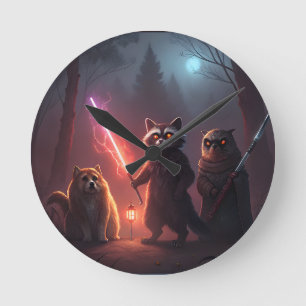 Mystical Forest Battle Animals Art Round Clock