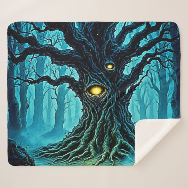Mystical Forest Eye Tree Art Sherpa Blanket (Front (Horizontal))