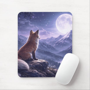 Mystical Fox & Giant Moon Snowy Mountain Peaks Mouse Pad