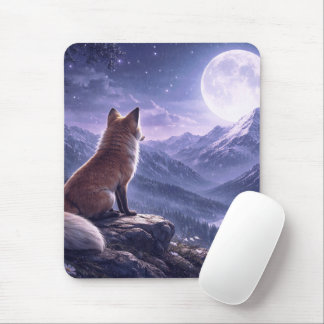 Mystical Fox & Giant Moon Snowy Mountain Peaks Mouse Pad
