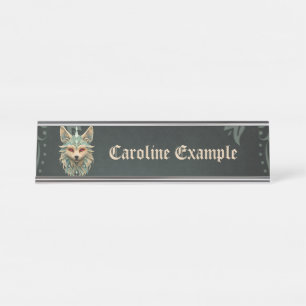 Mystical fox with piercing red eyes. desk name plate