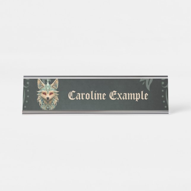 Mystical fox with piercing red eyes. desk name plate (Front)