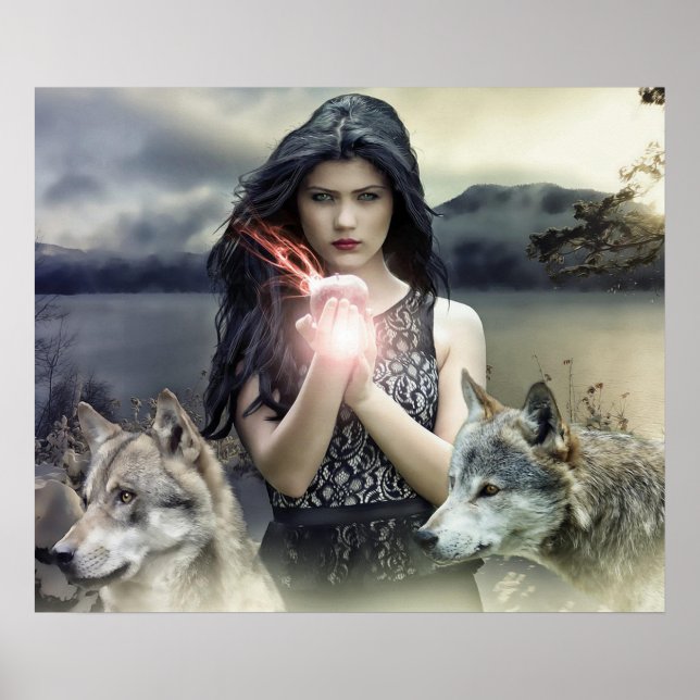 Mystical Girl with Fire Ball and Wolves Poster (Front)
