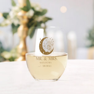 Mystical Gold Celestial Moon Wedding Stemless Wine Glass