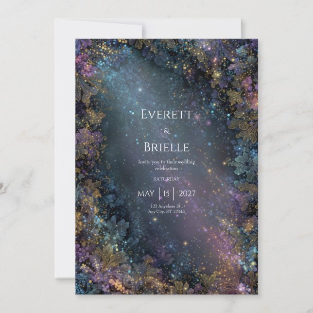 Mystical Gold Floral Celestial Galaxy Wedding Invitation (Front)