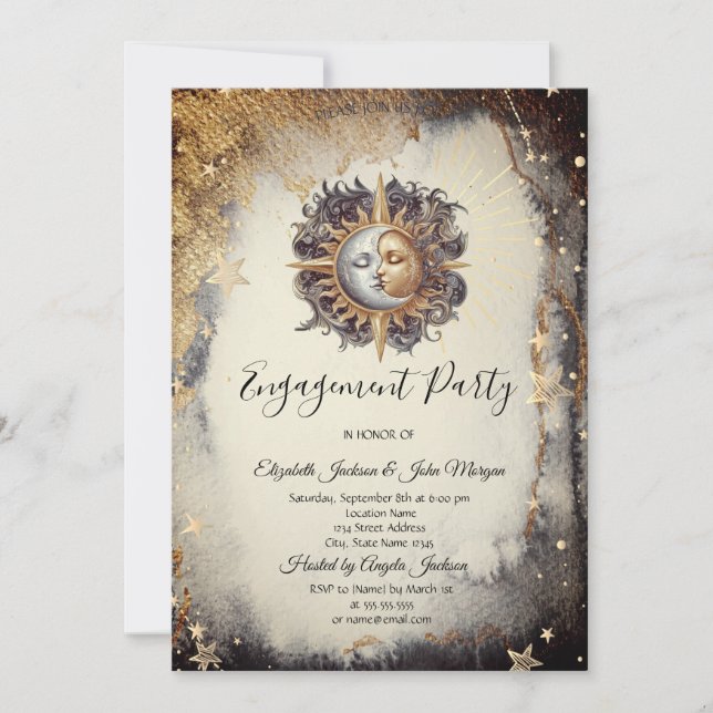 Mystical Gold Stars Moon Sun Dark Invitation (Front)