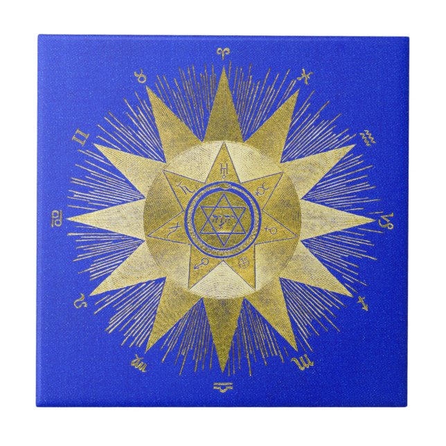 Mystical Golden Zodiac Sunburst Astrology Art Tile (Front)