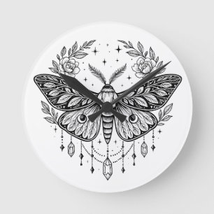 Mystical Gothic Moth Botanical Celestial Line Art Round Clock