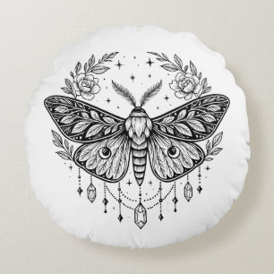 Mystical Gothic Moth Botanical Celestial Line Art Round Cushion