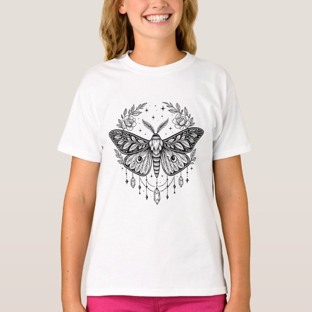 Mystical Gothic Moth Botanical Celestial Line Art  T-Shirt (Front)