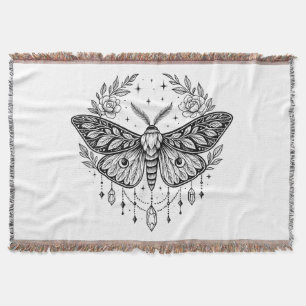 Mystical Gothic Moth Botanical Celestial Line Art Throw Blanket
