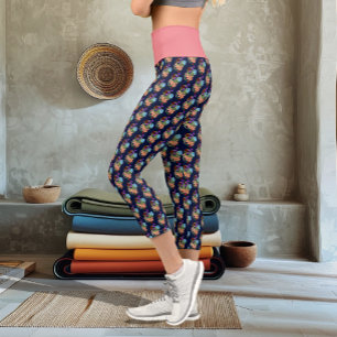 Mystical Green Chinese Dragon Floral Navy Blue Capri Leggings