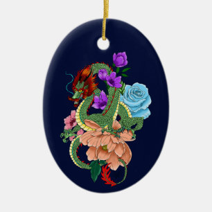 Mystical Green Chinese Dragon Floral Navy Blue Ceramic Tree Decoration