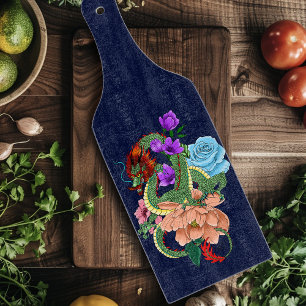 Mystical Green Chinese Dragon Floral Navy Blue Cutting Board