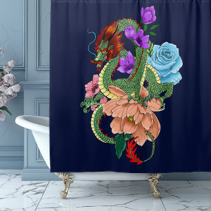 Mystical Green Chinese Dragon Floral Navy Blue Shower Curtain