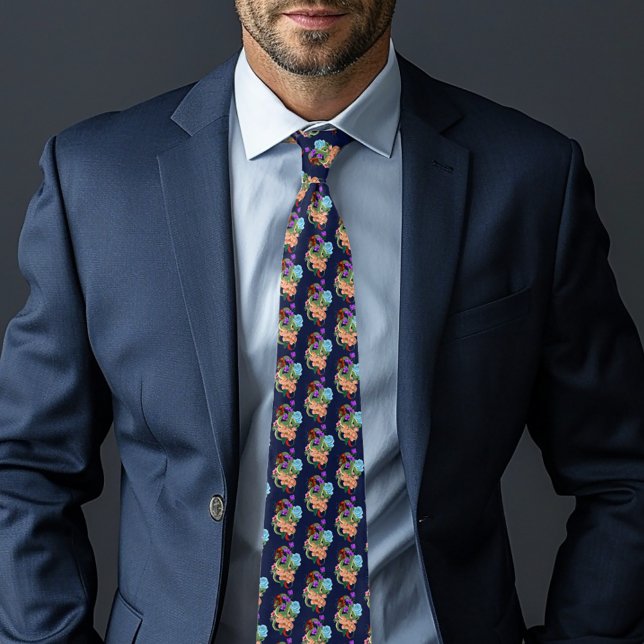 Mystical Green Chinese Dragon Floral Navy Blue Tie (Creator Uploaded)