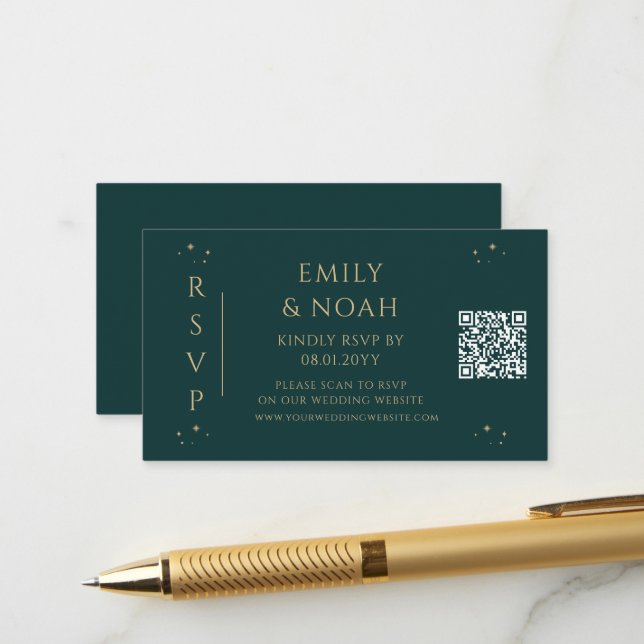 Mystical Green Gold Budget QR Code RSVP Enclosure Card (Front/Back In Situ)