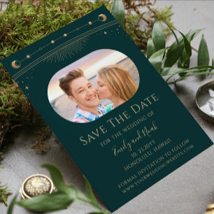Mystical Green Gold Celestial Wedding Photo Save The Date